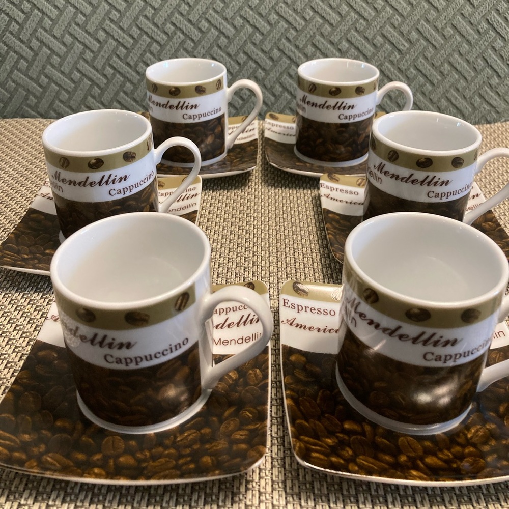 Set of 6 Stokes Coffee-Themed Espresso Cups and Saucers